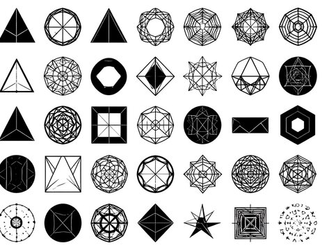 Diverse collection of geometric and abstract shapes arranged in a grid, monochromatic palette