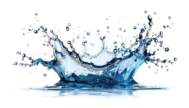 A clear blue liquid splash frozen mid-air in a crown shape on a white surface