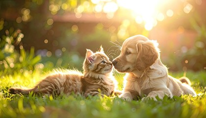 A kitten and a puppy touch noses in a sunlit grassy field during golden hour