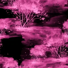 Selbstklebende Fototapeten Pink Watercolor seamless pattern, background with vintage pattern. Pink, yellow bush, tree, beautiful autumn landscape in pink, lilac color. Stylish fashion illustration.  © helgafo