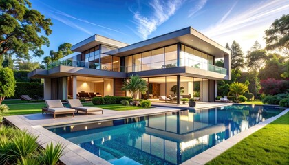 Fototapeta premium Contemporary villa with expansive glass walls, a swimming pool, and lush lawn