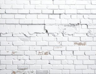 Old white brick wall with crumbling, cracked plaster and peeling paint