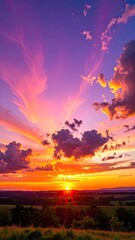 Vibrant sunset over a green landscape with colorful clouds and a sunburst