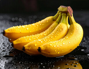 Fresh Bananas with Water Droplets on Black Background