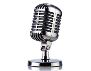 A classic, silver, retro-style studio microphone on a white background