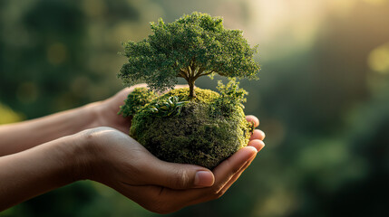 Symbolic image of human connection with nature, sustainability and environmental care. Represents eco harmony and responsibility for the planet.
