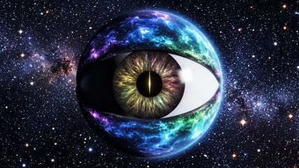 Cosmic eye illustration symbolic conceptual imagery against starfield background