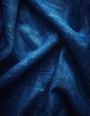 Deep blue textured fabric with dramatic folds and soft highlights