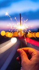 Hand holds a glowing sparkler with blurry city lights at twilight