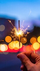 A hand holding a lit sparkler at dusk with colorful bokeh city lights