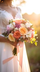 Bride in a white gown holding a vibrant floral bouquet at golden hour