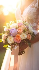 Bride holding a pastel rose and peony bouquet in glowing golden hour light