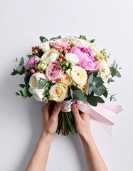 A romantic bouquet of pastel roses and peonies held against a white background