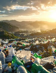 A vast landfill of discarded plastic bottles in a mountain valley at sunset