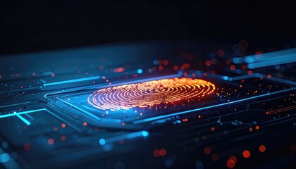 A glowing fingerprint scan on a futuristic circuit board with data points