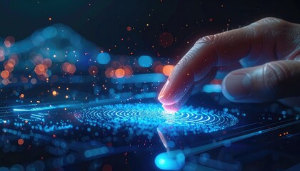 A finger touches a glowing blue fingerprint on a futuristic digital display