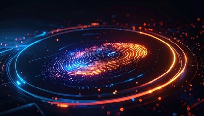 Futuristic digital fingerprint scan with blue and orange glowing circuits