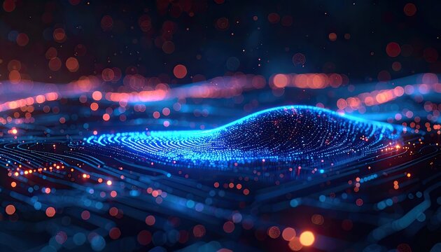 Vibrant digital landscape of blue particle waves and glowing orange bokeh lights
