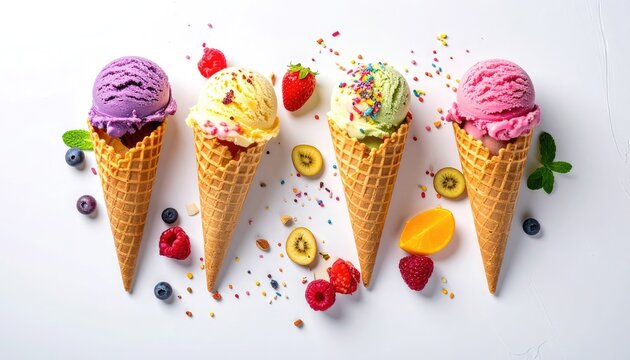 Colorful scoops of ice cream in waffle cones with berries, kiwi, and sprinkles