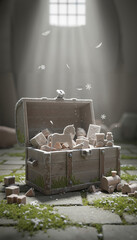 Fototapeta premium Wooden treasure chest overflowing with children's toys in dim light 