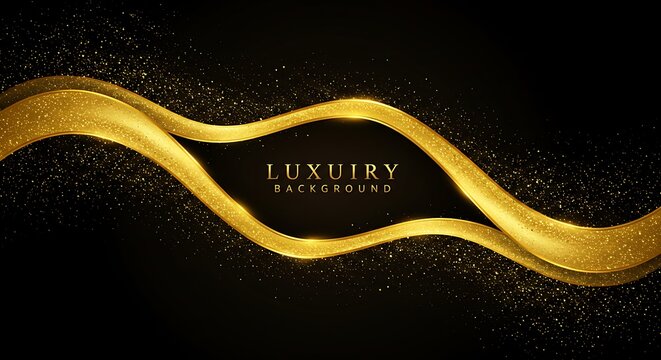 Elegant, black backdrop with swirling, golden ribbons & glowing specks, plus central text - Powered by Adobe