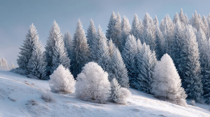 Frosted Evergreen and Deciduous Trees on Snowy Slope Winter Forest Landscape Blue Sky