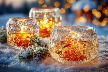 Crystal Glass Candle Holders with Flickering Flames on Snowy Surface with Pine Branch Bokeh Lights