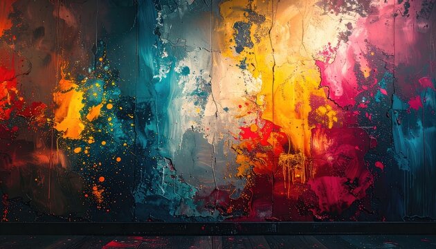 A textured, cracked wall bursts with vibrant, abstract splashes of color