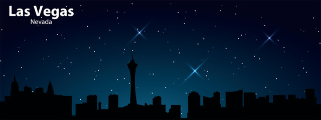 A stylized nighttime silhouette of Las Vegas with black skyscrapers and the prominent Stratosphere Tower against a dark blue starry sky with bright shining stars, creating a magical cosmic atmosphere.