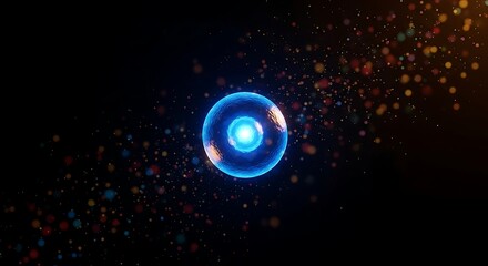 Glowing Cell Structure with Abstract Colorful Particles on Black Background