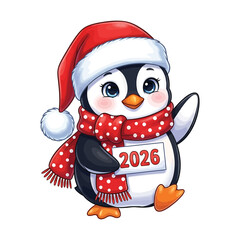 Cute penguin wearing a santa hat and scarf holding a 2026 sign
