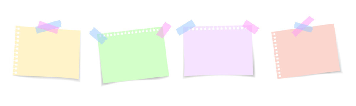 Set of colorful paper notes with adhesive tape. Realistic vector collection of sticky memo sheets in bright colors for office, planner, or reminder design.