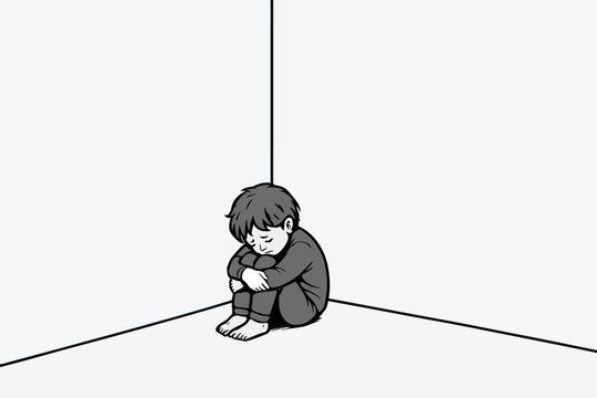 Sad Lonely Child Sitting in Corner Vector Illustration Concept of Liminal Space Abuse Neglect Bullying Punishment and Mental Health or Depression in Kids
