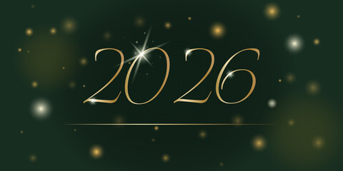 A rich green New Year 2026 background with golden sparks, glowing bokeh, and refined metallic typography.