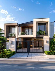 Modern two-story house with a gated driveway, large windows, and glass balconies