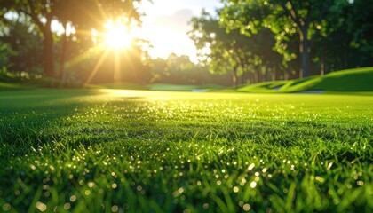 Golden sunrise beams over a lush, dew-kissed green sports field