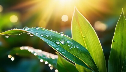 dew drops close up on vibrant leaves fresh nature morning light