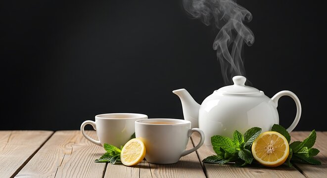 Herbal tea with lemon and mint on rustic wooden table - Powered by Adobe
