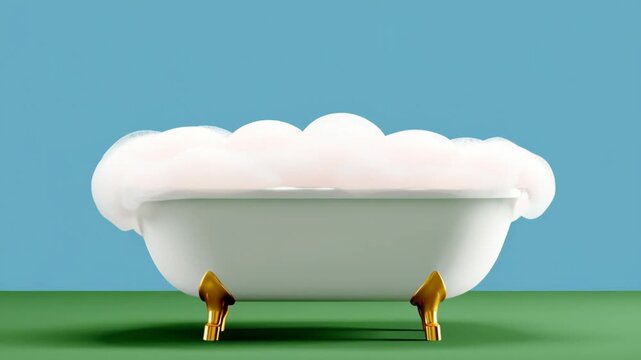 Bathtub filled with bubbles and a blue background. The bathtub is white and has gold legs