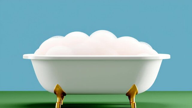 Bathtub filled with bubbles sits on a green grassy lawn. The bubbles are floating in the air, creating a sense of relaxation and leisure. The scene evokes a feeling of tranquility
