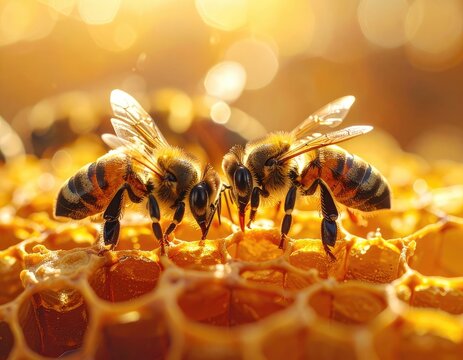 Two honeybees on a golden honeycomb, bathed in warm, glowing sunlight