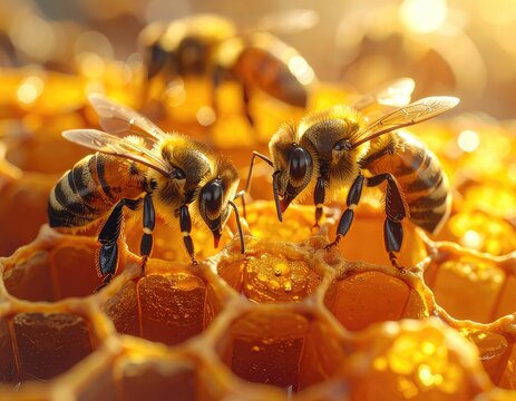 Two honeybees on a glistening, golden honeycomb in the warm sunlight