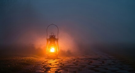 Vintage Lantern Glowing in Foggy Night