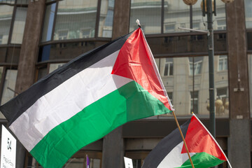 palestinian flags waving at city rally, activists chanting for rights amid urban office building backdrop,