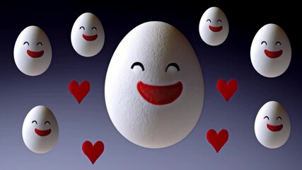 Group of eggs with hearts on them. The eggs are smiling and the hearts are red. Concept of happiness and warmth