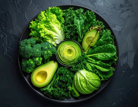 A dark plate with an assortment of fresh green vegetables like avocado and kale