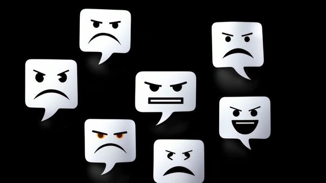 Series of angry faces are shown in a row. The faces are all different sizes and are all angry