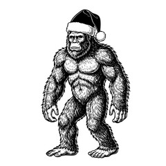 Fototapeta premium A holiday-themed depiction of a formidable bigfoot, adorned with a festive hat, stands poised in a captivating black-and-white graphic, perfect for whimsical illustrations.