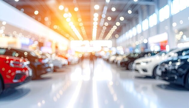 Brightly lit, modern car showroom with rows of new vehicles, blurred background