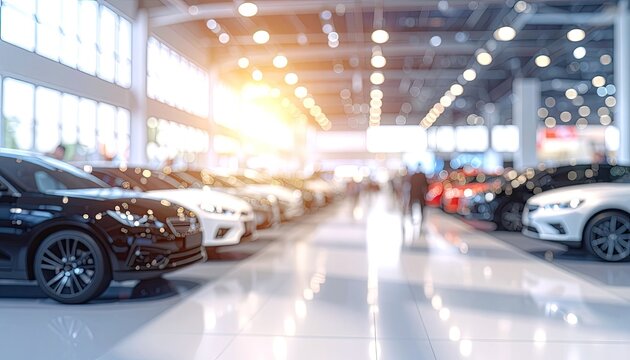 Bright, modern car showroom with new vehicles lined up on a polished floor
